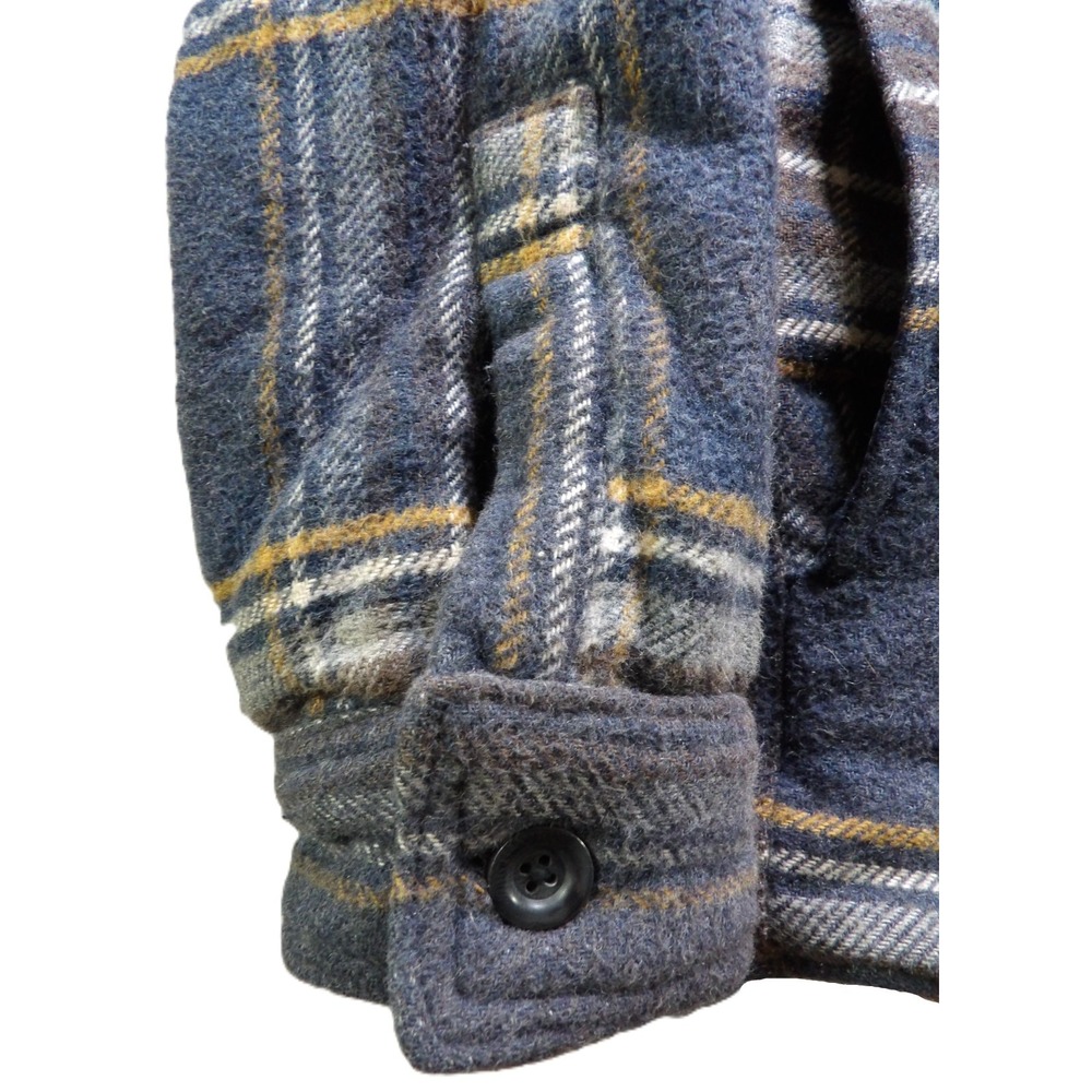 Faherty Men L Vintage Blue Plaid Sherpa High Pile Fleece Wool CPO Shirt Jacket - Picture 15 of 16
